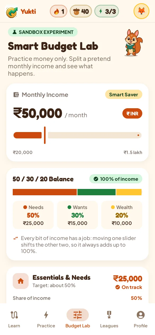 The Smart Budget Lab with an income slider and 50/30/20 split